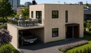 Kuben med garasje - et lite ferdighus i moderne funkisstil med garasje perfekt for små tomter
